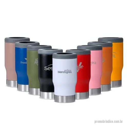 Copo térmico personalizado - Copo térmico multiuso com parede dupla em inox, capacidade de 380ml. Pode ser utilizado como copo, porta long neck ou porta lata. Contém abridor de garrafa na parte inferior do copo.