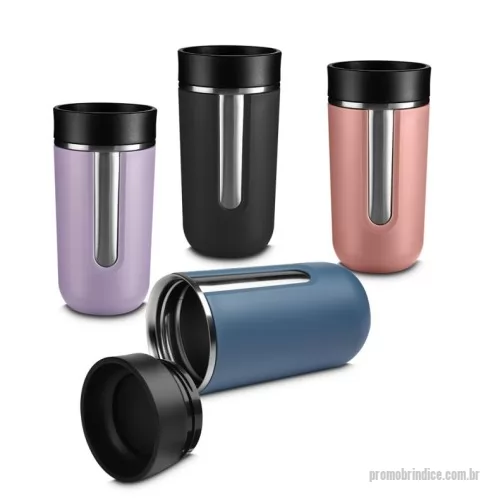 Copo térmico personalizado - Copo térmico com parede dupla em aço inox e detalhe em plástico,capacidade de 400ml, tampa plástica com sistema antivazamento e botão para habilitar o fluxo de líquido.  ??10 Horas / ?? 4 Horas