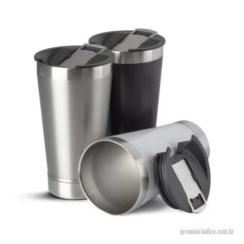 Copo térmico personalizado - Copo térmico em aço inox com parede dupla, detalhe em aço escovado, tampa plástica com anel de silicone para vedação com abridor de garrafas em inox. Capacidade 500ml, pintura fosca.
