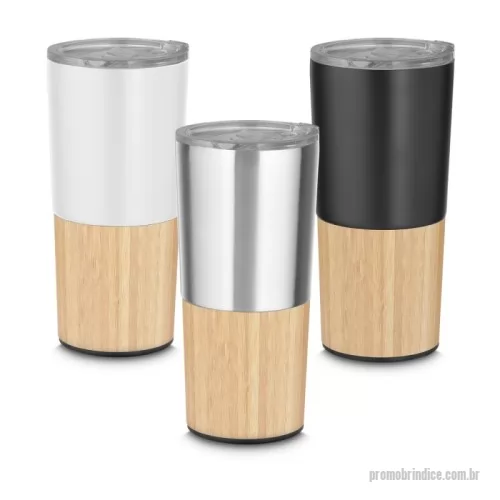 Copo térmico personalizado - Copo térmico parede dupla em aço inox, detalhe em bambu na parte inferior, tampa plástica com anel de silicone para evitar vazamento, com capacidade de 550ml.