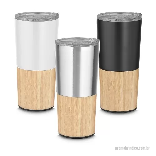 Copo térmico personalizado - Copo térmico parede dupla em aço inox, detalhe em bambu na parte inferior, tampa plástica com anel de silicone para evitar vazamento, com capacidade de 550ml.