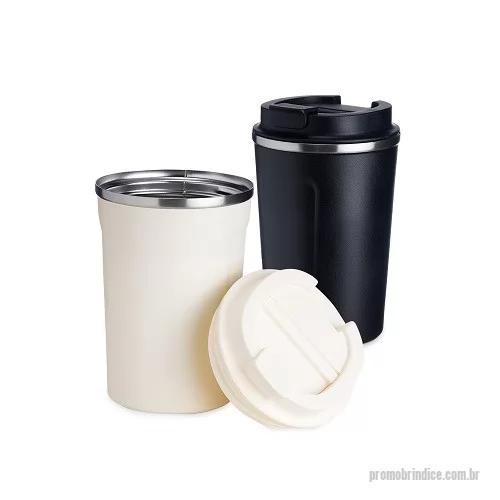 Copo térmico personalizado - Copo térmico de inox 350ml com parede dupla, parte inferior com borracha antideslizante e tampa rosqueável com abertura de bocal