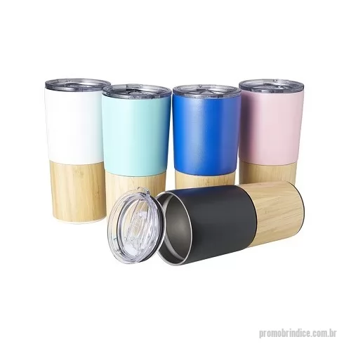 Copo térmico personalizado - Copo térmico de inox 600ml com parede dupla e detalhe de bambu. Tampa com acesso ao bocal e trava de segurança.