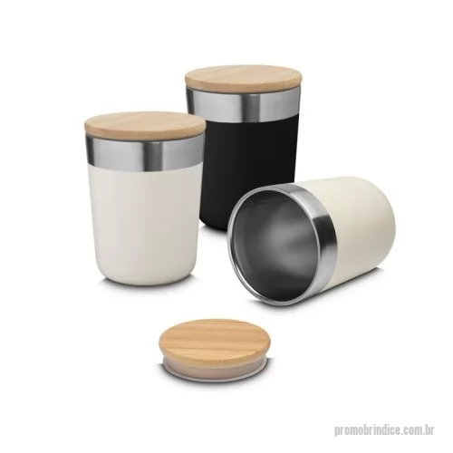 Copo térmico personalizado - Copo térmico em aço inox, pintura fosca, detalhe em aço inox, tampa em bambú com anel de silicone para vedação, capacidade de 300ml.