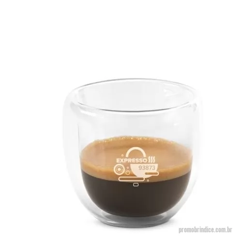 Copo térmico personalizado - Conjunto de café em vidro isotérmico (borossilicato) com 2 copos com parede dupla isolada a ar e capacidade até 75 mL. Fornecido em caixa presente personalizável. Certificação EU Food Grade. Caixa: 133 x 65 x 65 mm