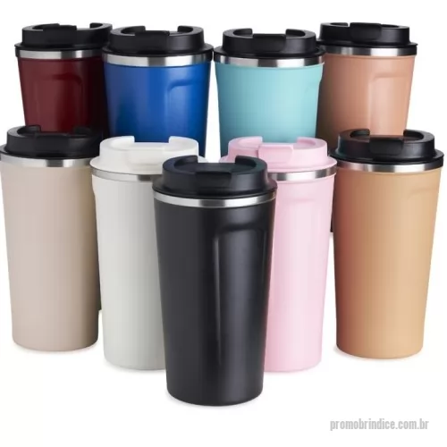 Copo térmico personalizado - Copo térmico de inox 500ml com parede dupla, parte inferior com borracha antideslizante e tampa rosqueável com abertura de bocal.