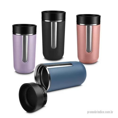 Copo térmico personalizado - Copo térmico com parede dupla em aço inox e detalhe em plástico,capacidade de 350ml, tampa plástica com sistema antivazamento e botão para habilitar o fluxo de líquido.