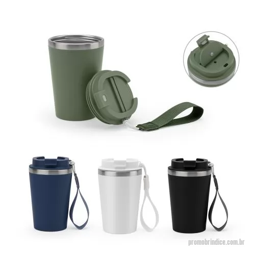 Copo térmico personalizado - Copo de viagem em PP e aço inox 90% reciclado, com parede dupla e acabamento em mate. A tampa em PP é à prova vazamento e incorpora uma pega, em PU e PET, que facilita o seu transporte. Capacidade até 460 mL. Fornecido em caixa presente de papel kraf