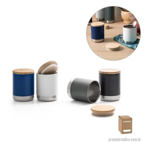 Copo térmico personalizado - Copo de viagem em aço inox, térmico com parede dupla isolada a vácuo. Possui parede interna revestida de cobre e tampa em bambu com vedante de silicone para proteção extra. Capacidade até 370 mL. Preserva as bebidas quentes por 5 h e frias por 24 h. 