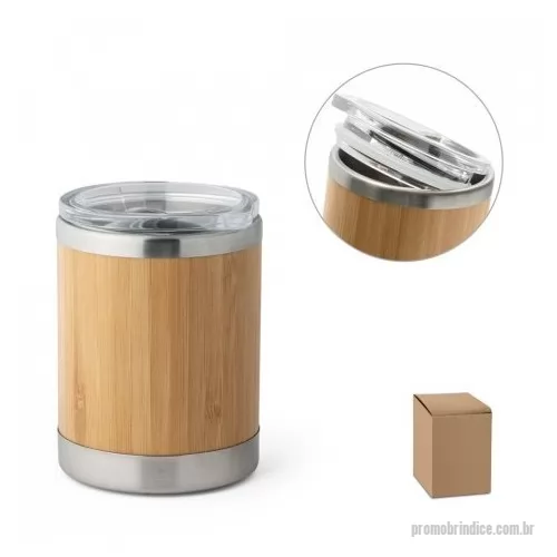 Copo térmico personalizado - Copo de viagem em aço inox e bambu, térmico com parede dupla isolada a ar e tampa AS com fecho deslizante. Capacidade até 350 mL. Preserva as bebidas quentes por 2 horas e as bebidas frias por 4 horas. Fornecido em caixa presente de papel kraft recic