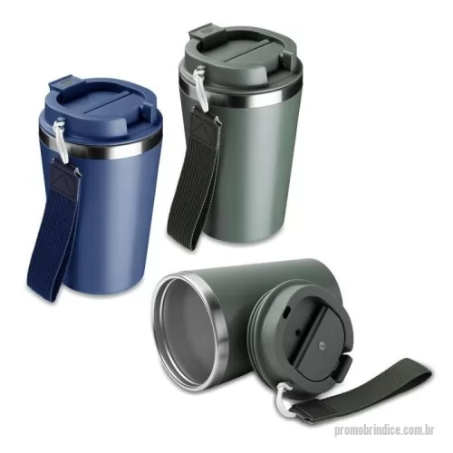 Copo térmico personalizado - Copo de 350 ml com parede dupla, interior em inox 304 e exterior em plástico PP, tampa em plástico PP, alça de mão e acabamento com pintura fosca.