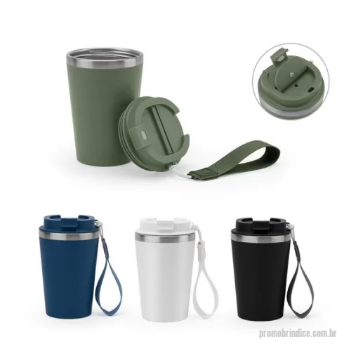 Copo térmico personalizado - Copo de viagem em PP e aço inox 90% reciclado, com parede dupla e acabamento em mate. A tampa em PP é à prova de vazamento e incorpora uma pega, em PU e PET, que facilita o seu transporte. Capacidade até 460 mL. Fornecido em caixa presente de papel kraft reciclado. Certificação EU Food Grade.
