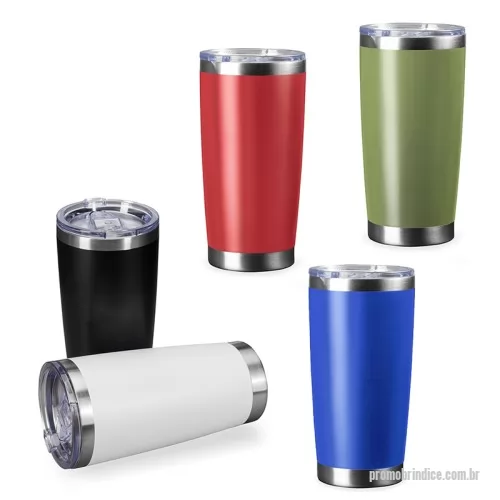 Copo térmico personalizado - Copo Térmico 520ml em aço inox com pintura eletrostática. Sua parede dupla, aliada à tampa plástica com vedação a vácuo e ao bocal com trava de segurança, assegura a conservação da temperatura das bebidas por muito mais tempo