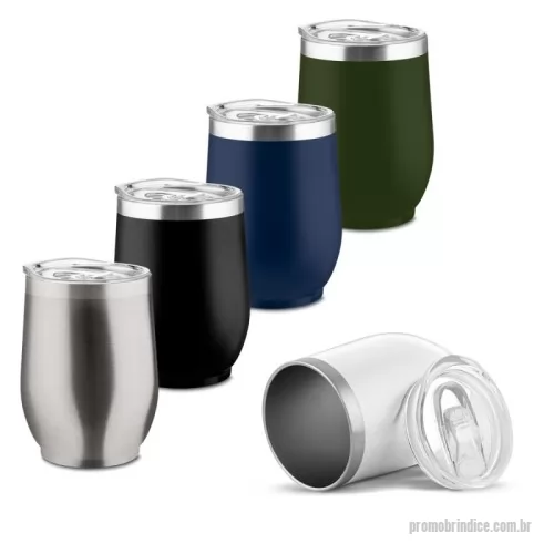 Copo térmico personalizado - Copo térmico em inox com capacidade para até 350ml. Possui estrutura de parede dupla que ajuda a manter a temperatura de líquidos por mais tempo. Conta ainda com tampa plástica com anel de vedação e abertura para o bocal.