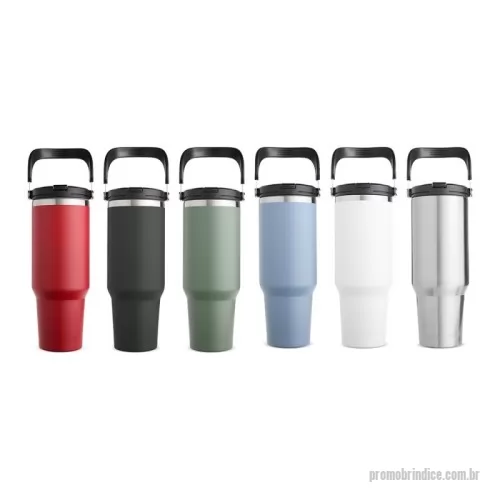 Copo térmico personalizado - Copo térmico em inox com capacidade de até 1,25 litro. Possui estrutura de parede dupla e tampa plástica rosqueável com vedação a vácuo, o que permite conservar a temperatura de líquidos por mais tempo. Conta ainda com alça para transporte em inox com revestimento em plástico e canudo plástico removível.