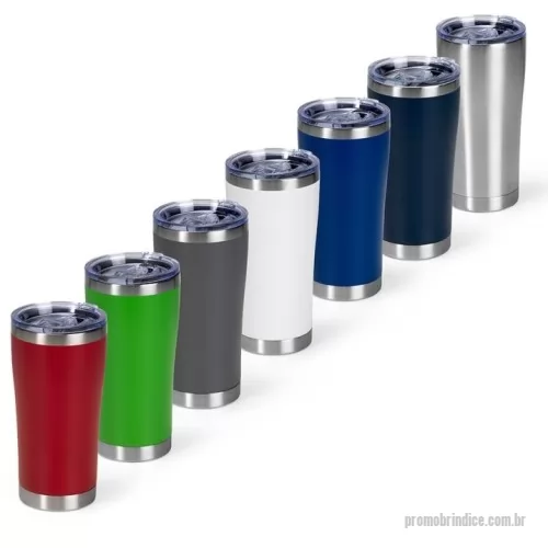 Copo térmico personalizado - Descrição: Copo térmico em aço inox 304, com capacidade máxima de 550 ml. Apresenta construção em parede dupla e tampa plástica de pressão, com sistema não rosqueável, proporcionando fechamento eficiente, dificultando vazamentos. Conta também com anel de vedação e protetor deslizante para o bocal, que contribuem para a qualidade da bebida.  Altura :  17,8 cm  Largura :  9,1 cm  Circunferência :  27,7 cm  Diametro :  8,4 cm