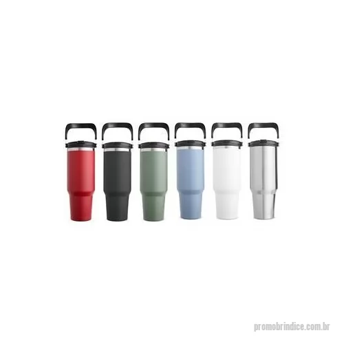 Copo térmico personalizado - Copo térmico em inox com capacidade de até 1,25 litro. Possui estrutura de parede dupla e tampa plástica rosqueável com vedação a vácuo, o que permite conservar a temperatura de líquidos por mais tempo. Conta ainda com alça para transporte em inox co
