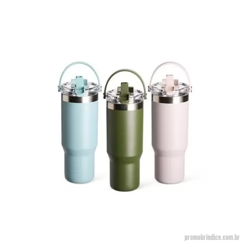 Copo térmico personalizado - Copo térmico em aço inox com capacidade de até 900 ml. Apresenta construção em parede dupla, tampa rosqueável plástica com vedação a vácuo e tampa adicional com proteção para o bocal, o que permite a conservação da temperatura de líquidos por mais te