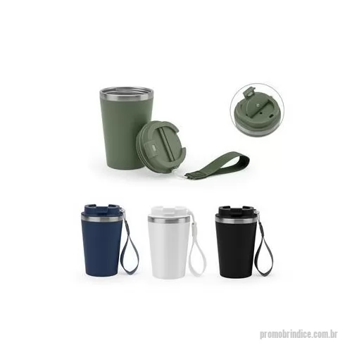 Copo térmico personalizado - Copo de viagem em PP e aço inox 90% reciclado, com parede dupla e acabamento em mate. A tampa em PP é à prova vazamento e incorpora uma pega, em PU e PET, que facilita o seu transporte. Capacidade até 460 ml. Fornecido em caixa presente de papel kraf
