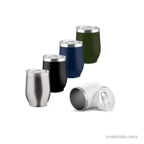Copo térmico personalizado - Copo térmico em inox com capacidade para até 350ml. Possui estrutura de parede dupla que ajuda a manter a temperatura de líquidos por mais tempo. Conta ainda com tampa plástica com anel de vedação e abertura para o bocal. Altura : 11,8 cm Largura : 8