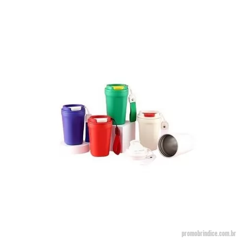 Copo térmico personalizado - Copo térmico de inox 350 ml com parede dupla, parte inferior com borracha antideslizante, tampa plástica rosqueável com abertura de bocal e alça de nylon para transporte com detalhe em couro sintético. Altura : 14 cm Largura : 8,8 cm Circunferência :