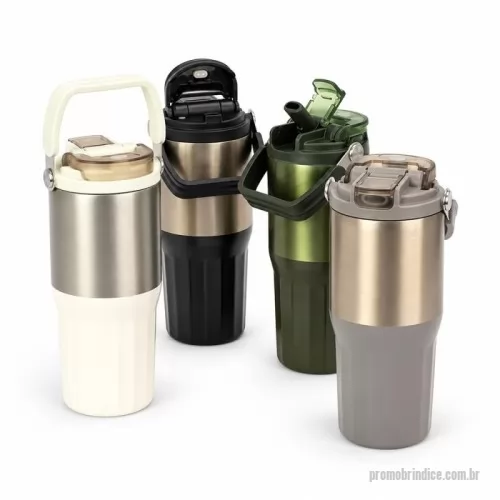 Copo térmico personalizado - Copo térmico com capacidade máxima de 700ml. Possui estrutura de parede dupla com formato facetado na parte inferior, interior em inox 304 e exterior em inox 201 com pintura de acabamento metalizado. Conta com tampa rosqueável em plástico polipropileno (PP), anel de vedação em silicone, alça em inox com revestimento em PP, bocal com trava de segurança e bico flip com canudo interno removível. Gravação da logomarca a laser já incluso.