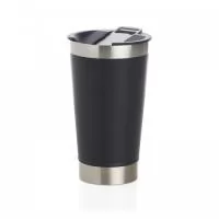 Copo térmico de inox com acabamento liso e capacidade 500ml, material livre de BPA. Contém tampa com abridor.