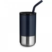 Copo em inox fosco com canudo removível, com capacidade de até 500ml. Parte interna revestida com plástico.