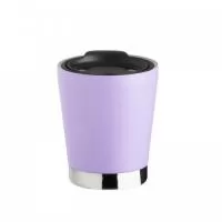 Copo de parede dupla em inox 304 com capacidade de 300ml, possui tampa plástica de encaixe com acesso ao bocal e área para canudo (não acompanha).