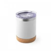 Copo térmico de viagem em aço inoxidável com parede dupla isolada a vácuo, acabamento fosco e base em cortiça. Contém uma tampa transparente com fecho deslizante. Capacidade até 400 mL. 