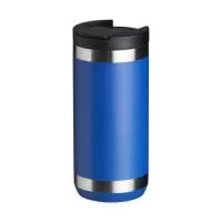 Copo térmico de inox feito de parede dupla com capacidade para 350ml. Contém tampa plástica com bocal e trava de segurança.