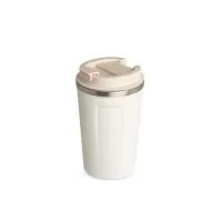 Copo térmico de inox 350ml com parede dupla, parte inferior com borracha antideslizante e tampa rosqueável com abertura de bocal.