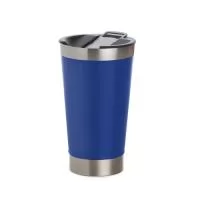 Copo térmico de inox com acabamento liso e capacidade 500ml, material livre de BPA. Contém tampa com abridor.
