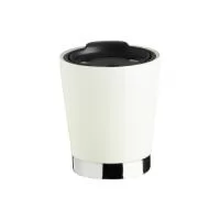 Copo inox 304 parede dupla com capacidade de 300ml, possui tampa plástica de encaixe com acesso ao bocal e área para canudo (não acompanha).