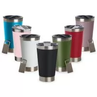 Copo térmico de inox com acabamento liso, e capacidade para 500 ml, material livre de BPA, acompanha tampa plástica com abridor.
