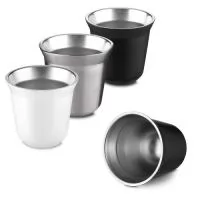 Copo térmico próprio para café espresso, com capacidade de 90ml, porém perfeito para um café espresso de 40ml. Parede dupla com interior em inox 304 e exterior em inox 201.