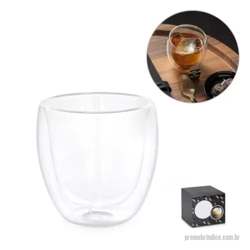 Copo vidro personalizado - Copo de vidro isotérmico com parede dupla isolada a ar e capacidade até 220 mL. Food grade. Fornecido em caixa de oferta personalizável.  80 x 86 mm
