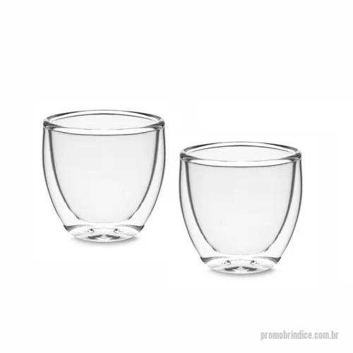 Copo vidro personalizado - Conjunto composto por dois copo para café em vidro isotérmico parede dupla isolada a ar e capacidade até 80ml. Fornecido em caixa branca. Caixa: 145 x 75 x 75 mm.