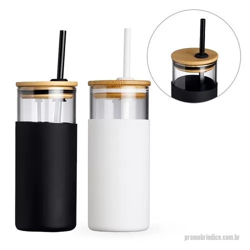 Copo vidro personalizado - Copo Vidro com Tampa de Bambu e Canudo de Silicone