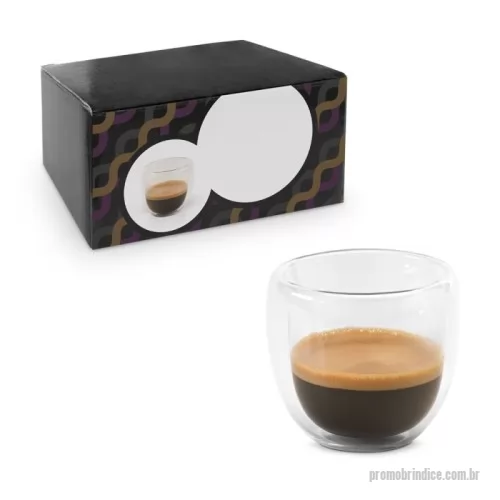 Copo vidro personalizado - Conjunto de café em vidro isotérmico (borossilicato) com 2 copos com parede dupla isolada a ar e capacidade até 75 mL. Fornecido em caixa presente personalizável. Certificação EU Food Grade. Caixa: 133 x 65 x 65 mm
