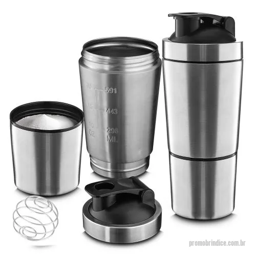 Coqueteleira personalizada - Garrafa coqueteleira em aço inox para proteína com capacidade da garrafa de até 750ml e copo com capacidade de 200ml, acompanha mola para mistura e medidor gavado na parede da garrafa.