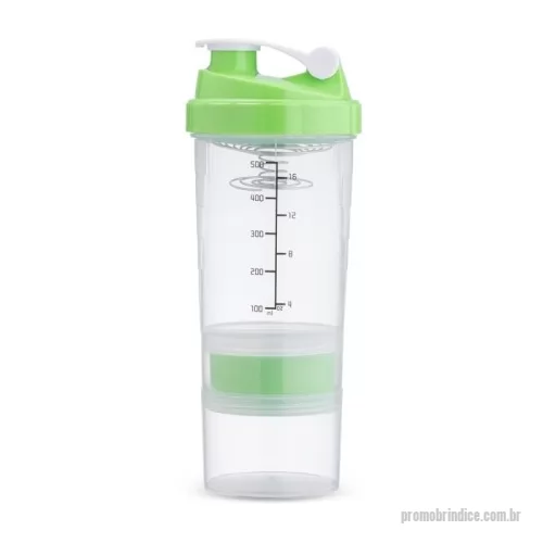 Coqueteleira personalizada - Coqueteleira em plástico polipropileno (PP) livre de BPA com capacidade máxima de 600ml e marcação de volume de até 500ml. Possui tampa rosqueável em PP com protetor para o bico em polietileno (PE) e mola misturadora removível em inox 304, encaixada em um suporte plástico. Apresenta dois compartimentos inferiores removíveis em PP, cada um com capacidade máxima de 150ml; um deles possui porta-comprimidos removível com três divisórias.