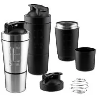 Garrafa coqueteleira em aço inox para proteína com capacidade da garrafa de até 750ml e copo com capacidade de 200ml, acompanha mola para mistura e medidor gravado na parede da garrafa.