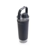 Coqueteleira térmica de parede dupla, com parte externa em inox 201 e pintura eletrostática, e camada interna em inox 304 com marcação de volume. Com capacidade máxima de 650ml, possui tampa rosqueável em polipropileno (PP) e policarbonato (PC), com protetor para o bocal e alça para transporte. Apresenta fundo rosqueável em PET com tampa de pressão, ideal para guardar suplementos. Acompanha mola misturadora em inox e peneira plástica.  Altura: 26,2 cm Largura: 10,8 cm Medidas aproximadas para gravação: (CxL): 15 cm x 4 cm (área sem relevo) - 15 cm x 6 cm (área baixo relevo) - 3 cm x 3 cm (tampa bocal)