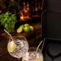 Kit Gin Tônica com 2 taças para gin em vidro de 600ml, 2 canudos em aço inox, porta-petiscos em bambu, mix de castanhas e amendoim de 100g e caixa para presente VIP assinada Youdu.