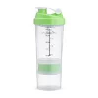 Coqueteleira em plástico polipropileno (PP) livre de BPA com capacidade máxima de 600ml e marcação de volume de até 500ml. Possui tampa rosqueável em PP com protetor para o bico em polietileno (PE) e mola misturadora removível em inox 304, encaixada em um suporte plástico. Apresenta dois compartimentos inferiores removíveis em PP, cada um com capacidade máxima de 150ml; um deles possui porta-comprimidos removível com três divisórias.