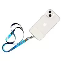 Cordão para celular confeccionado em poliéster personalizado com sublimação, com 2 reguladores de pvc, mosquete de metal e porta celular em pvc.