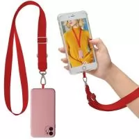 Cordão para celular confeccionado em poliéster personalizado com sublimação, com 2 reguladores de pvc, mosquete de metal e porta celular em pvc.
