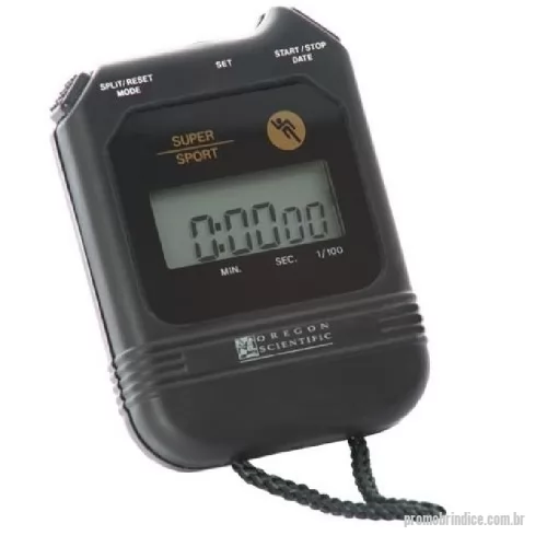 Cronômetro personalizado - Cronômetro digital de 60 minutos com mesura em 1/100 segundos. Relógio e calendário digital. Acompanha cordão para o pescoço. Bateria inclusa. Dimensões: 56 (C) x 16 (L) x 80 (A) mm. Resistente à água e a choques.