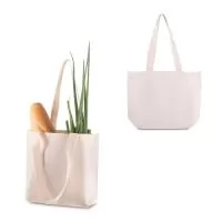 Sacola em Algodão Cru 120g/m²com base plana. Alça com altura de 23 cm, ideal para transporte.